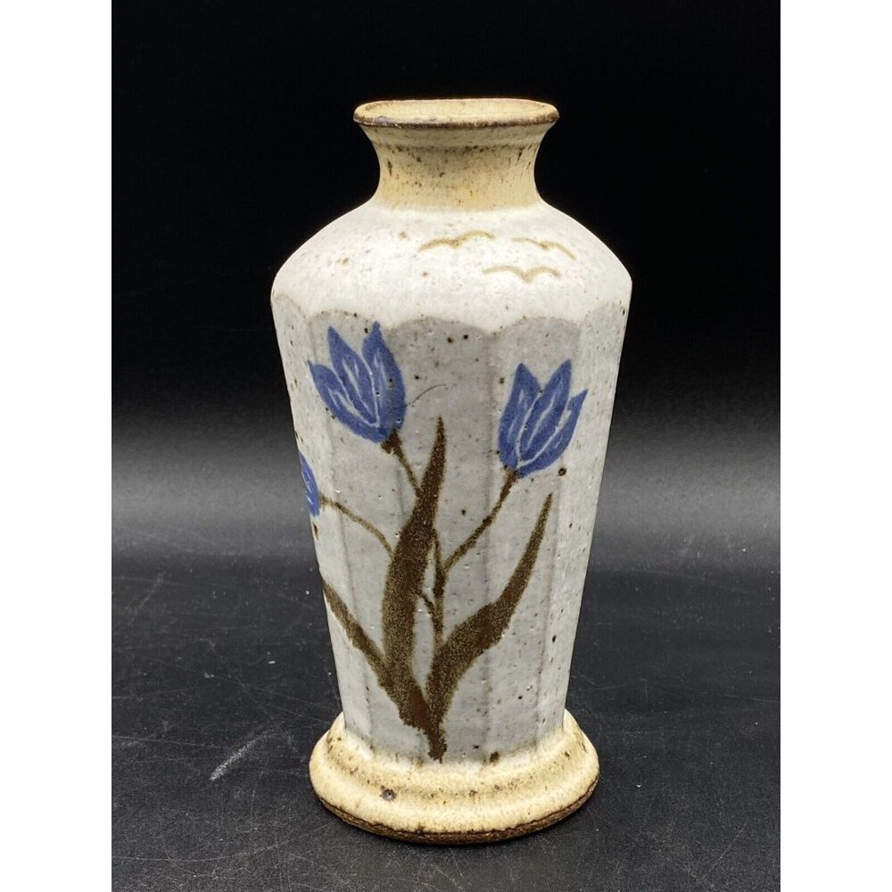 Stoneware Vase Flowers Sand and Browns Color Signed Crown 6.5”